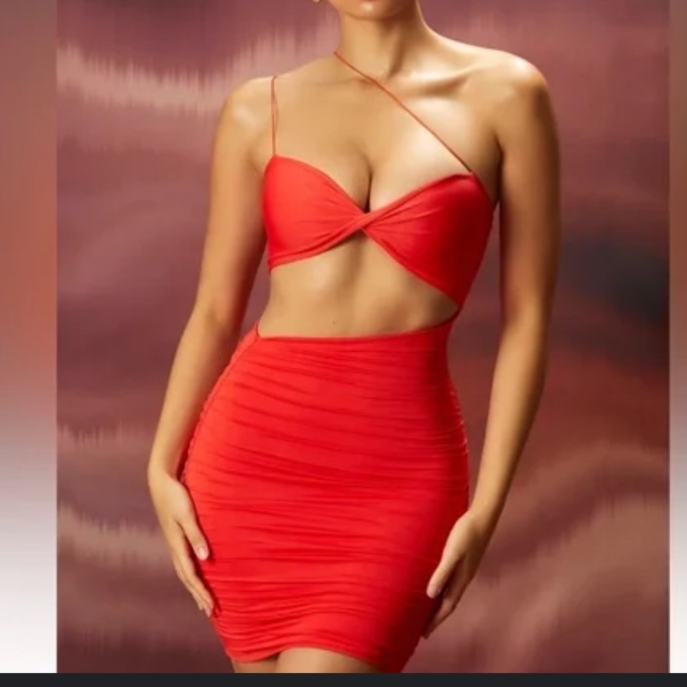 Oh Polly Charm Me Ruched Asymmetric Mini Dress in Red Size 0